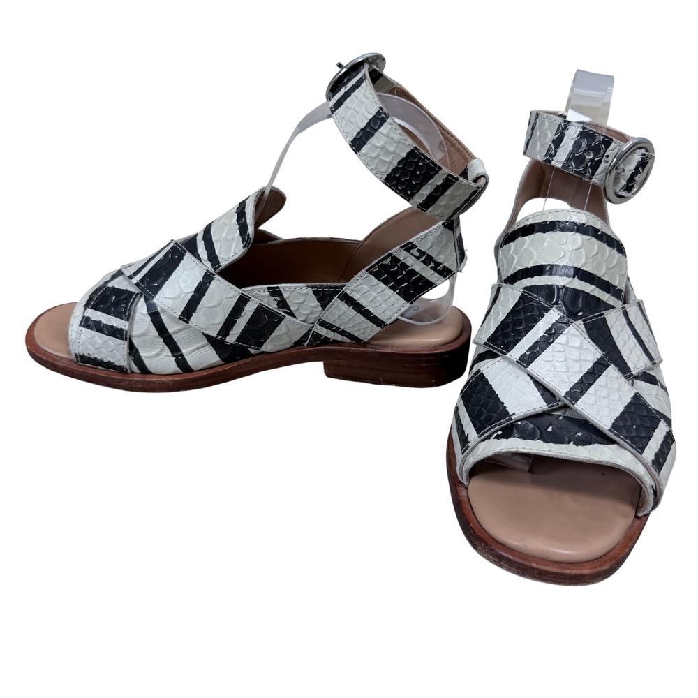 Free People Black White Striped Snakeskin Leather Ankle Strap Sandals 37 EU 7 US - Picture 2 of 8